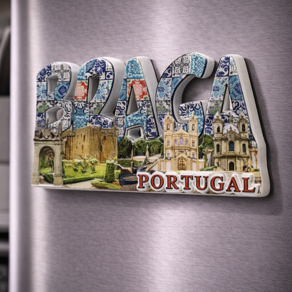 Braga Portugal souvenir magnet with historic buildings, gardens and tile-inspired decorative patterns placed on a fridge