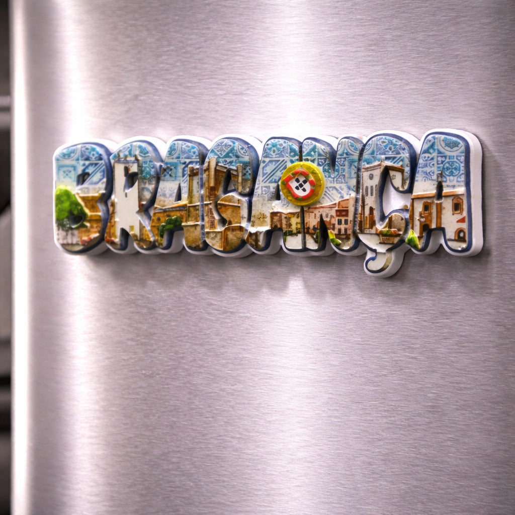 Bragança souvenir magnet with historic buildings, urban scenery and tile-inspired decorative patterns