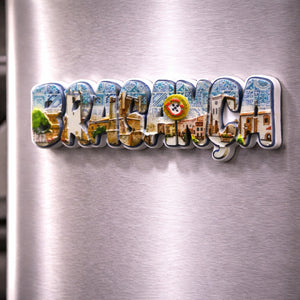 Bragança souvenir magnet with historic buildings, urban scenery and tile-inspired decorative patterns