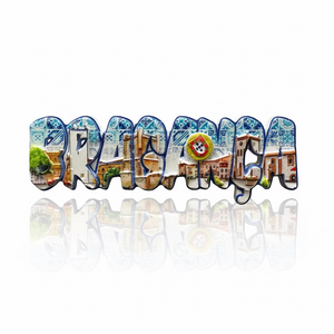 Bragança souvenir magnet with historic buildings, urban scenery and tile-inspired decorative patterns