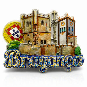 Bragança Portugal souvenir magnet featuring the castle, Domus Municipalis, historic walls, church architecture, and Portuguese coat of arms