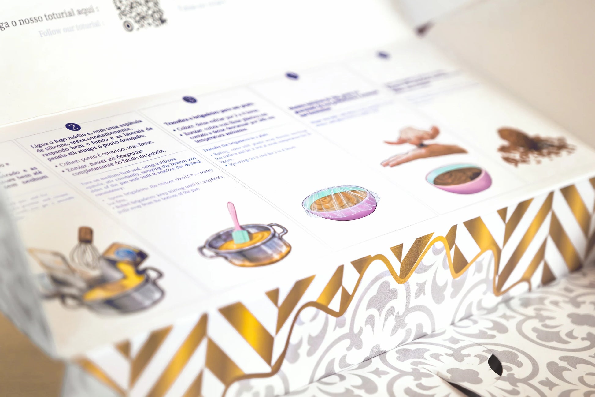 Inside of Portugal brigadeiro kit showing illustrated step-by-step preparation instructions