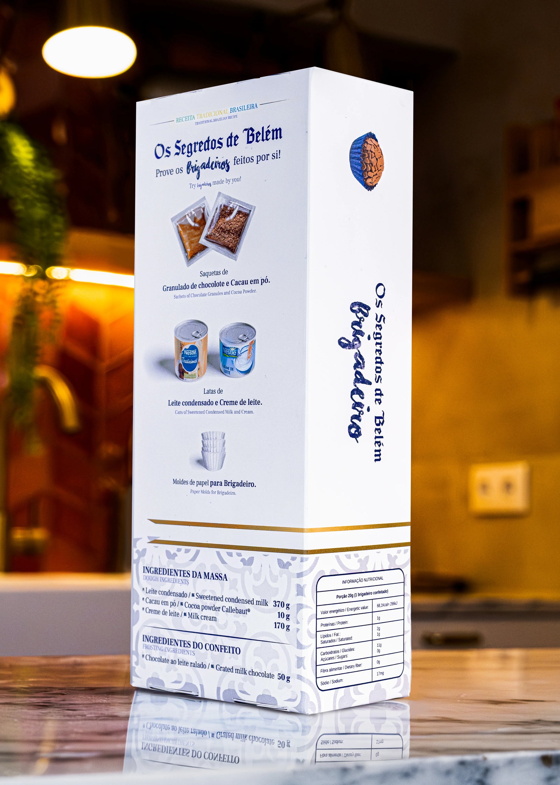 Side view of Portugal brigadeiro kit packaging showing ingredients like condensed milk and chocolate