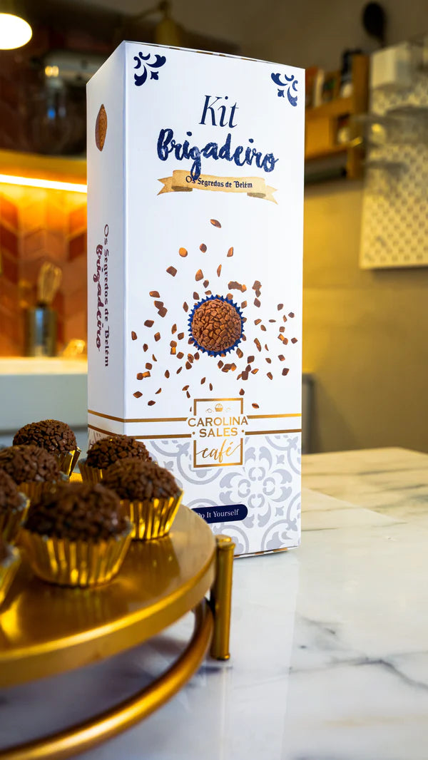 Portugal brigadeiro cooking kit packaging displayed next to finished chocolate brigadeiros