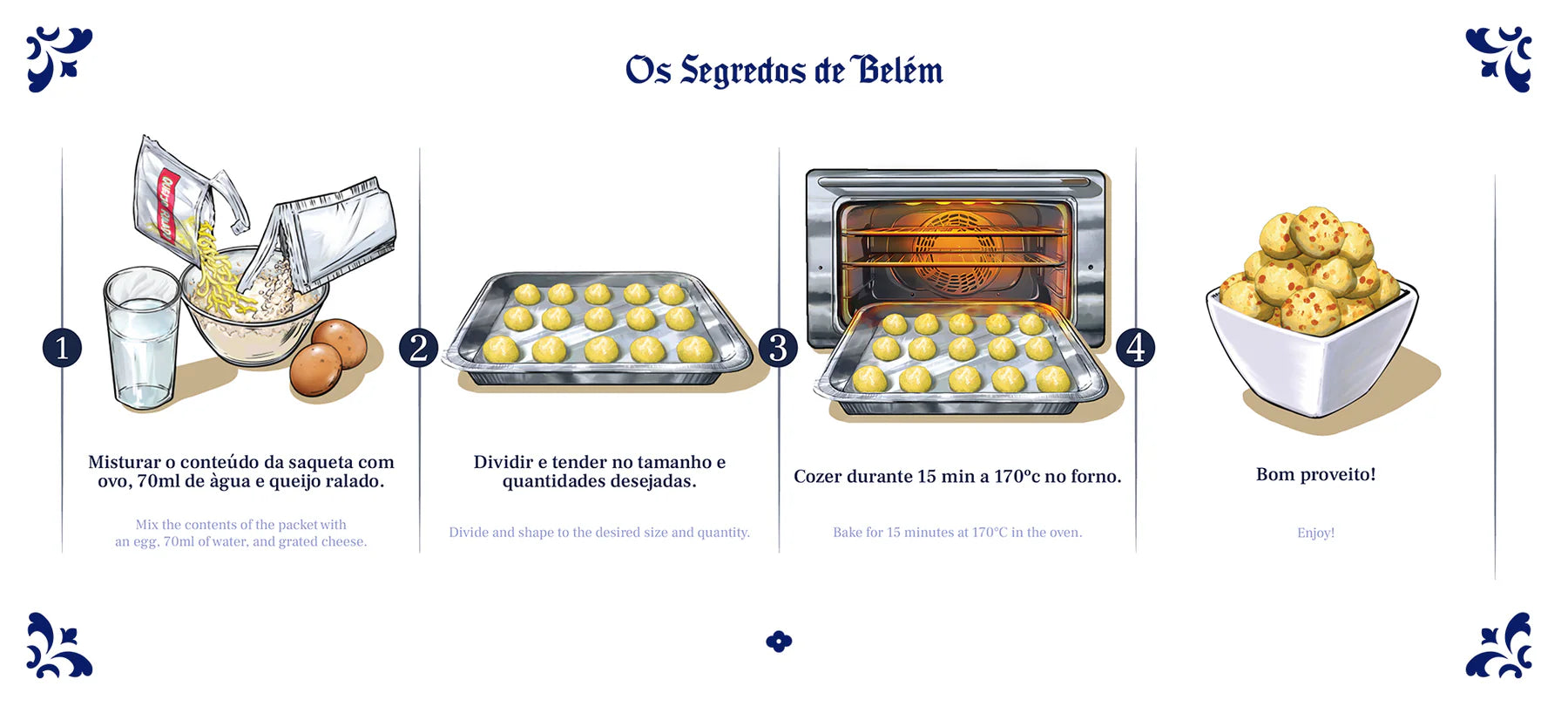 Step-by-step instructions for Portugal cheese balls kit showing preparation and baking process