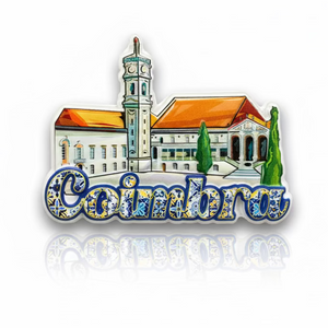 Coimbra souvenir magnet with illustrated historic building, central tower and tile-inspired lettering