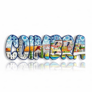 Coimbra souvenir magnet with historic city scenery and decorative tile-inspired patterns