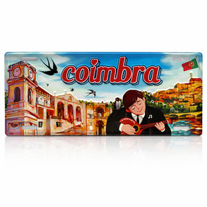 Coimbra Portugal souvenir metal sign featuring University of Coimbra, Mondego river landscape and traditional Portuguese Fado musician.