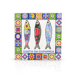 Costa da Caparica souvenir magnet with three stylized sardines and colorful Portuguese tile border, representing traditional Portugal souvenirs.