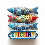 Ericeira souvenir magnet with three decorative fish featuring traditional Portuguese tile patterns