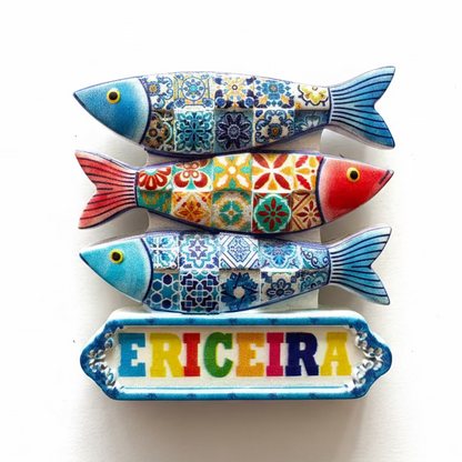 Ericeira souvenir magnet with three decorative fish featuring traditional Portuguese tile patterns