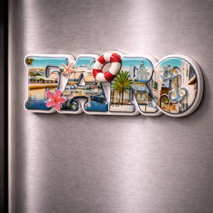 quarteira magnet placed on a fridge surface