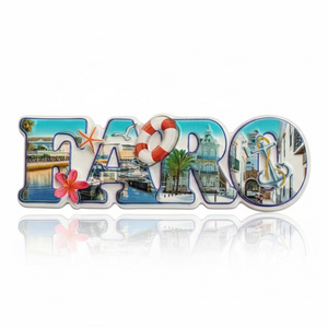 Faro souvenir magnet with marina scenery, historic architecture and sea-inspired decorative elements
