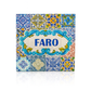 Decorative tile with colorful patterns and the word 'Faro' on a white background