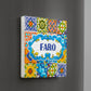 Decorative tile with colorful patterns and 'Faro' text on a gray background