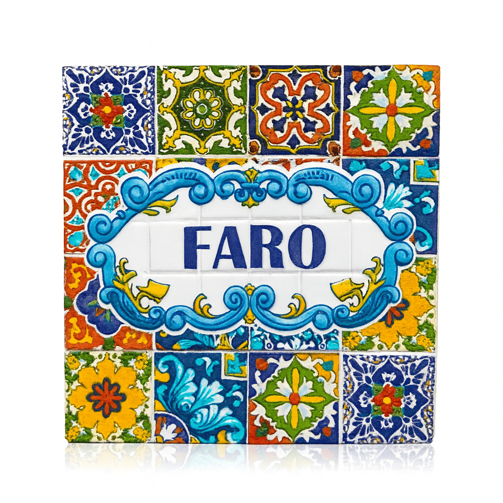 Square resin magnet with the word “Faro” centered in blue, surrounded by a decorative scroll frame and multicolored Portuguese azulejo tile patterns