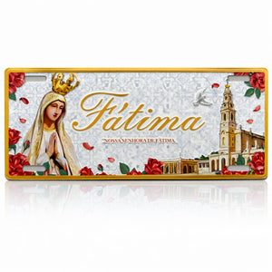 Fátima Portugal souvenir metal sign featuring Our Lady of Fátima and the Sanctuary of Fátima religious landmark.