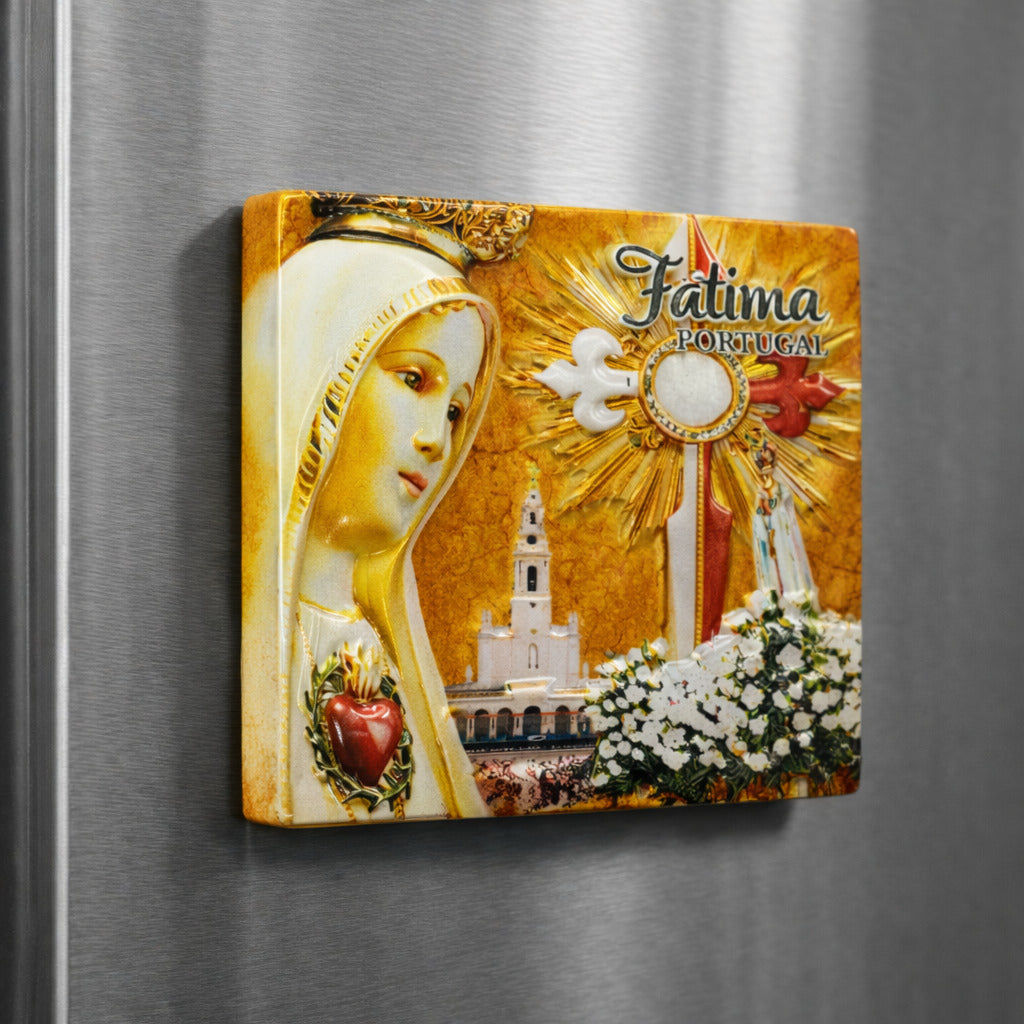 Fátima Portugal souvenir magnet placed on a fridge featuring Our Lady of Fátima, sacred heart symbolism, religious elements, and sanctuary architecture