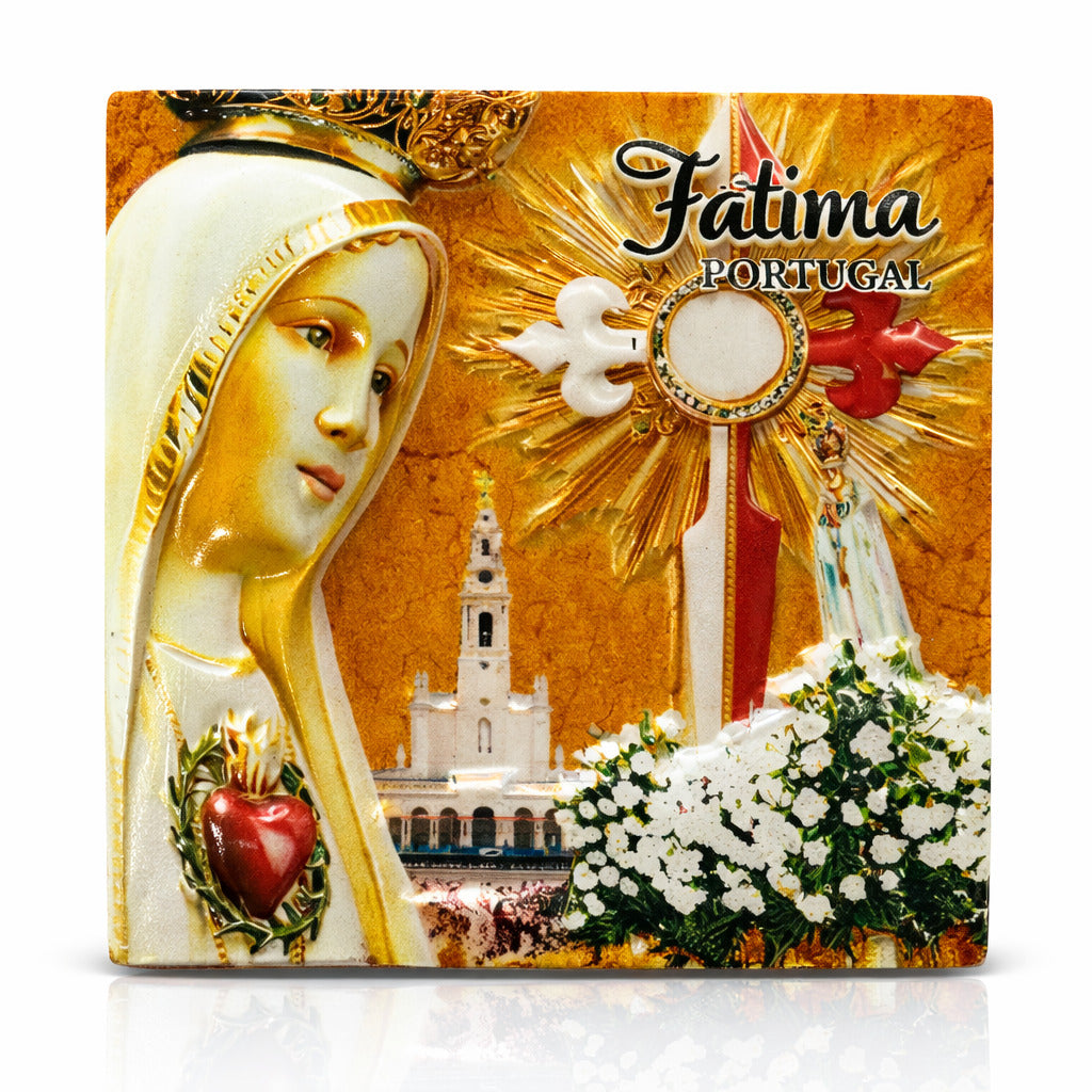 Fátima Portugal souvenir magnet featuring Our Lady of Fátima, sacred heart symbolism, religious elements, and sanctuary architecture