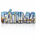Fátima souvenir magnet with azulejo-style lettering, sanctuary architecture, and religious imagery from Portugal