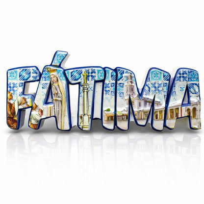 Fátima souvenir magnet with azulejo-style lettering, sanctuary architecture, and religious imagery from Portugal