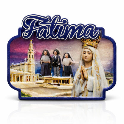 Fátima souvenir magnet featuring Our Lady of Fátima, the sanctuary basilica, and the three shepherd children in Portugal