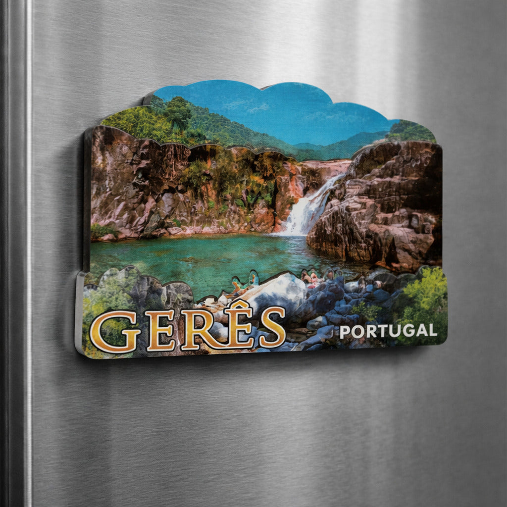 Gerês souvenir magnet placed on a fridge with waterfall, natural pool and mountainous landscape in Portugal