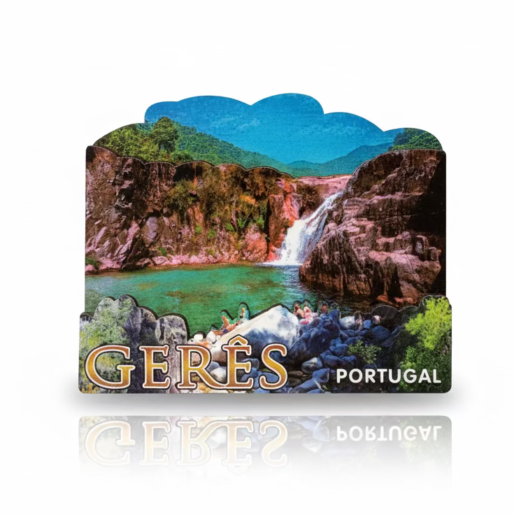 Gerês souvenir magnet with waterfall, natural pool and mountainous landscape in Portugal