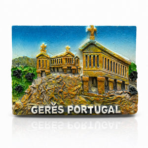 Gerês Portugal souvenir magnet featuring a raised monument design with crosses, stone textures, and mountain landscape relief
