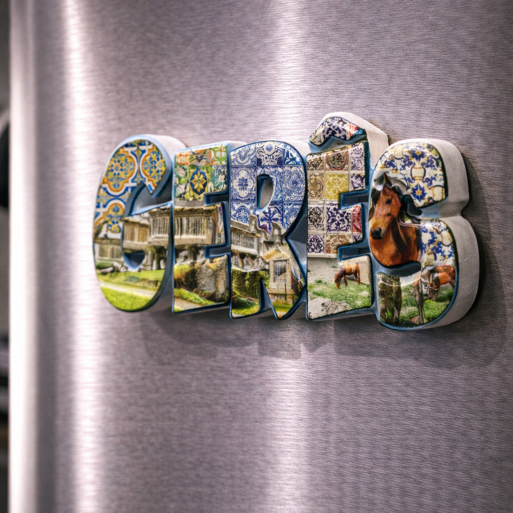 Gerês souvenir magnet placed on a fridge featuring azulejo-style patterns, rural architecture, green landscapes, and horses from the Gerês region in Portugal