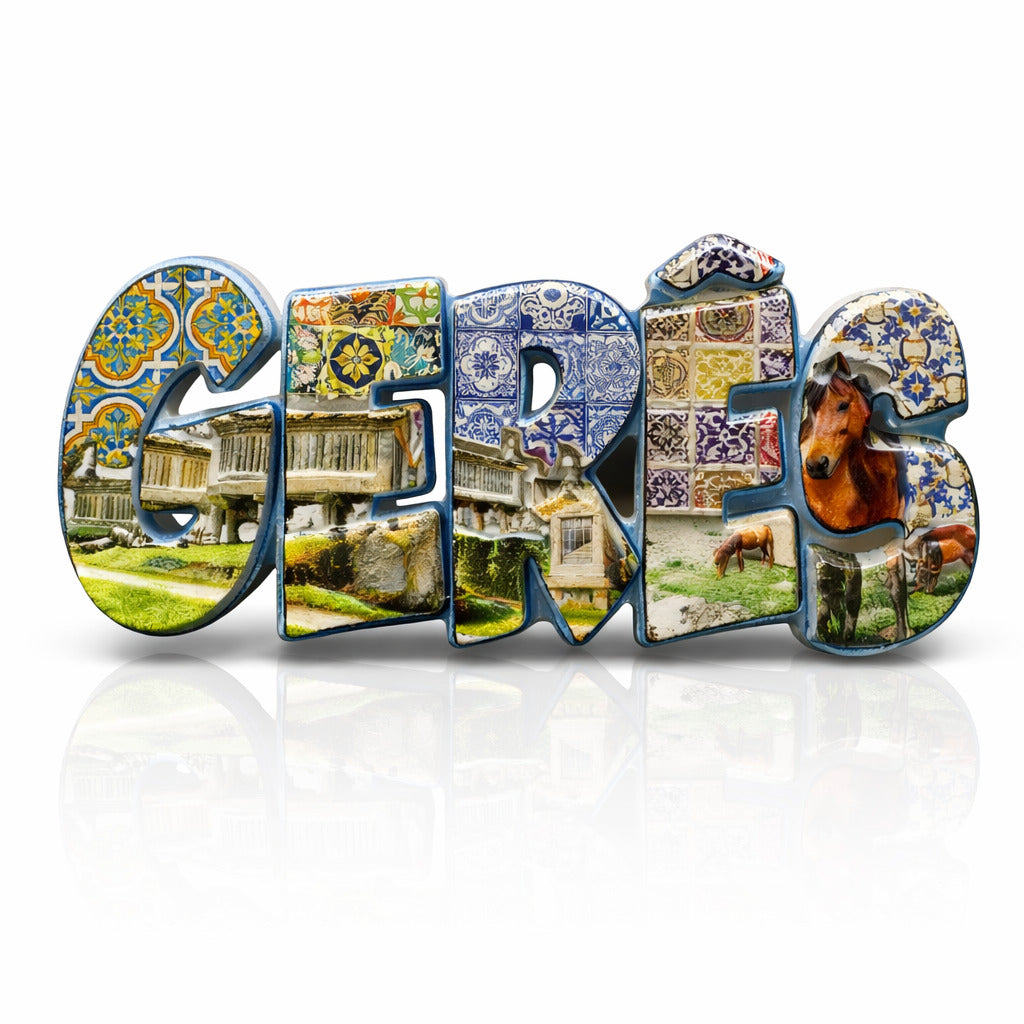 Gerês souvenir magnet featuring azulejo-style patterns, rural architecture, green landscapes, and horses from the Gerês region in Portugal