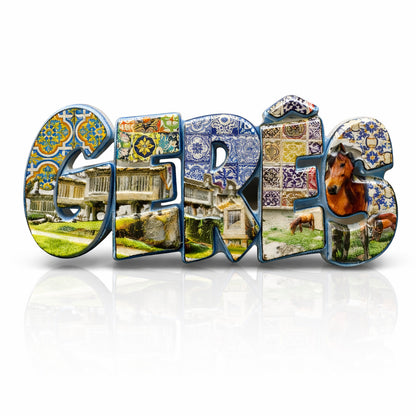 Gerês souvenir magnet featuring azulejo-style patterns, rural architecture, green landscapes, and horses from the Gerês region in Portugal