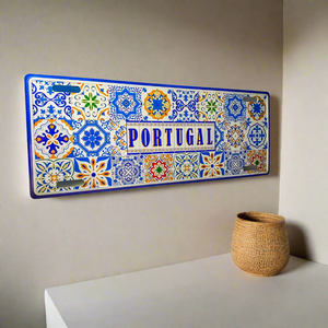 Portugal Decorative Metal Sign Souvenir with Multicolored Traditional Azulejo Tile Design