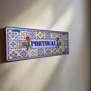 Portugal Decorative Metal Sign Souvenir with Azulejo Tile Pattern and Barcelos Rooster Motif
