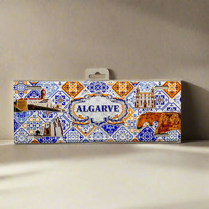 Algarve Decorative Metal Sign Souvenir with Iconic Landmarks and Traditional Azulejo Tile Design