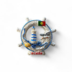 Olhão Souvenir Magnet – Nautical Wheel with Lighthouse, Seagull and Portuguese Flag