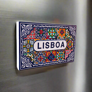 Aimant de réfrigérateur Lisbonne, aimant rectangulaire en céramique avec motifs géométriques et floraux vibrants