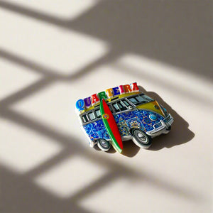Quarteira Souvenir Magnet – Portuguese Azulejo Camper Van with Surfboard