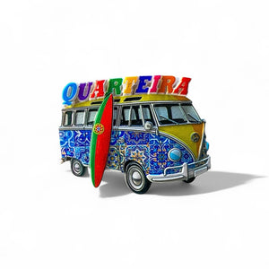 Quarteira Souvenir Magnet – Portuguese Azulejo Camper Van with Surfboard