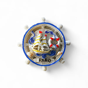 Faro Souvenir Magnet – Nautical Ship Wheel with Sailboat and Marine Ornaments