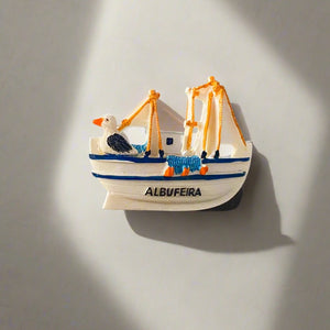 Albufeira Souvenir Magnet – Traditional Fishing Boat with Seagull and Net Detail