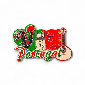 Portugal Souvenir Magnet – Galo de Barcelos, Torre de Belém and Portuguese Guitar Illustration