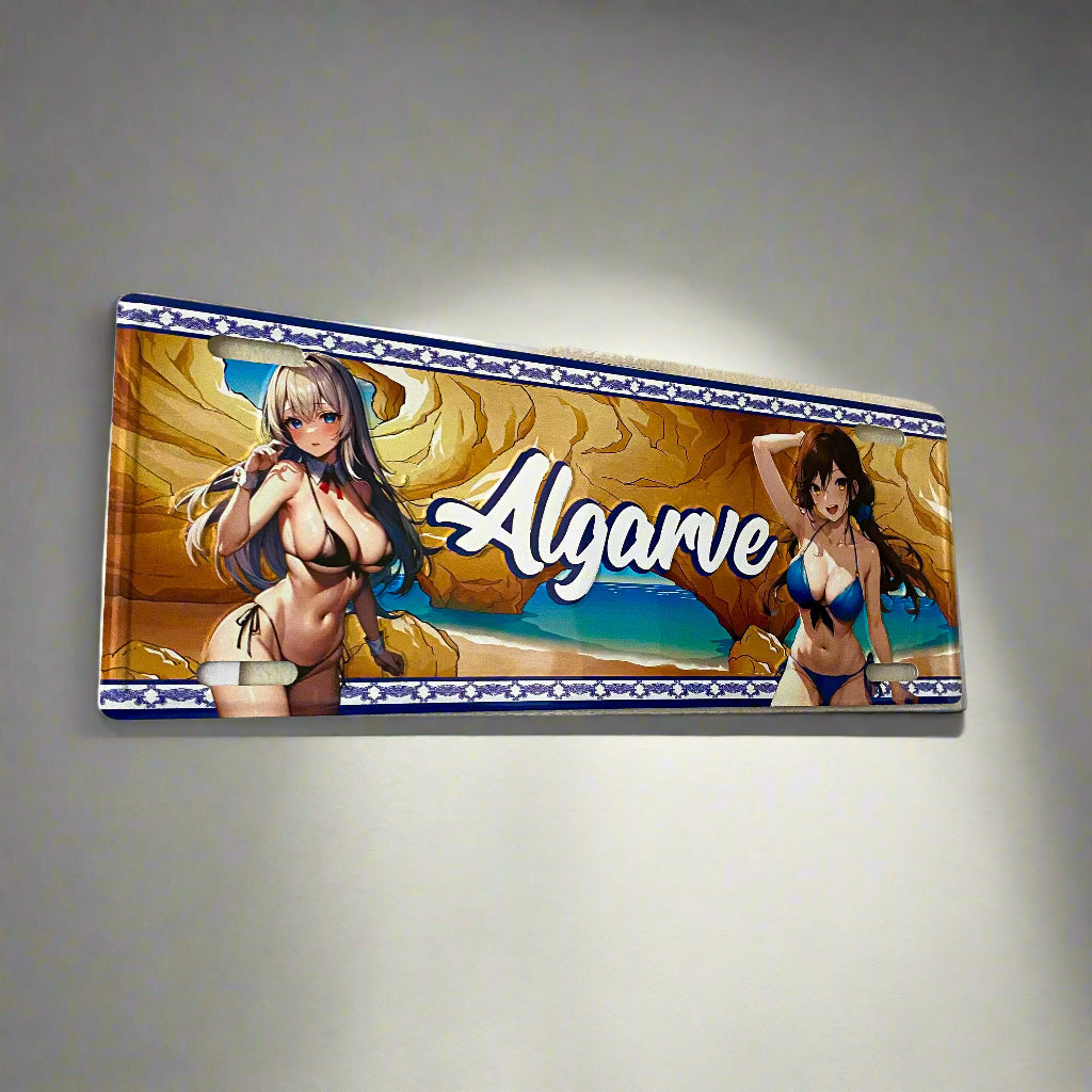 Decorative sign with anime-style characters and 'Algarve' text on a plain wall.