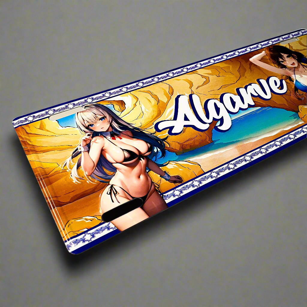 Mouse pad with an anime-style design of a woman in a bikini, set against a beach scene, with the word 'Algarve' displayed.