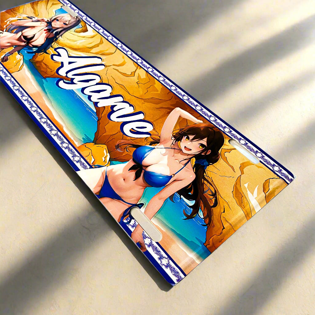 Anime-style poster with a character in a bikini and 'Algarve' text on a yellow background.