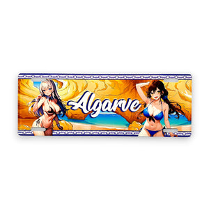 Product packaging with 'Algarve' branding featuring two women in bikinis against a beach background.