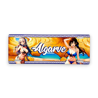 Product packaging with 'Algarve' branding featuring two women in bikinis against a beach background.