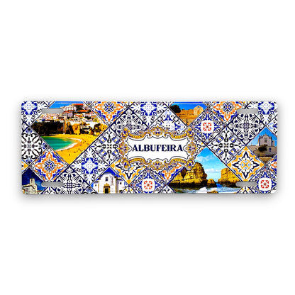 Decorative tile with colorful patterns and scenic images of Albufeira.