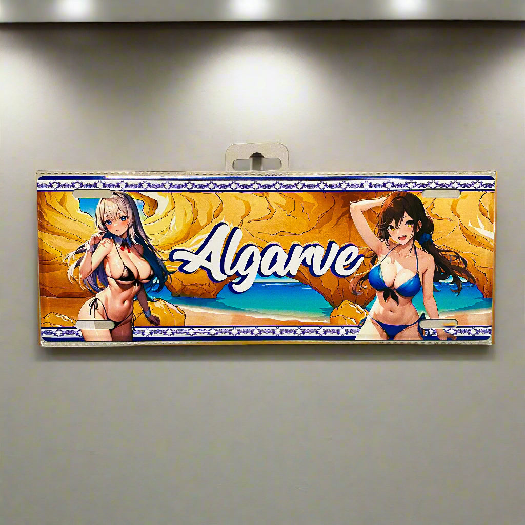 Product packaging with two women in bikinis and the word 'Algarve' on a beige background