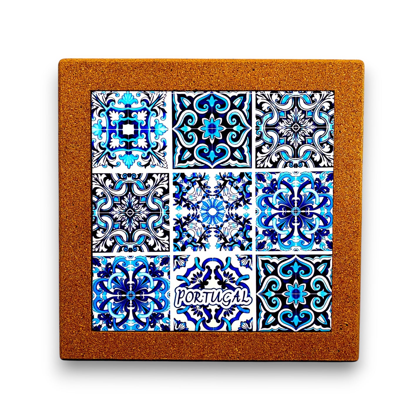 Cork coaster with Portuguese tile design and 'Portugal' text on a white background